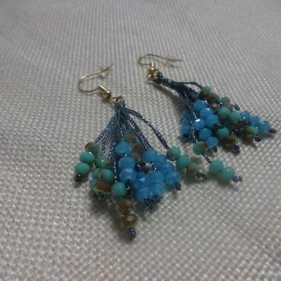 Stunning "BLUE & GOLD BEADED" Handmade Dangle Earrings #107B - Picture 2 of 3